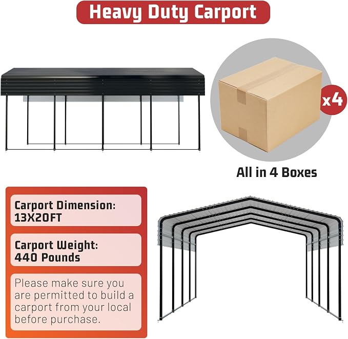 Metal Carport 13 x 20 FT with Heavy Duty Frame & Galvanized Steel Roof - Image 7
