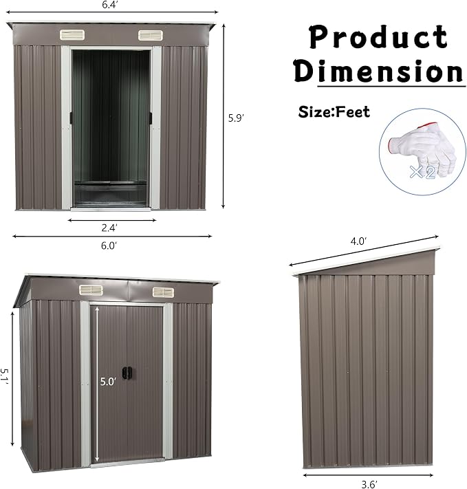 6 x 4 FT Outdoor Storage Shed, Metal Anti-Corrosion Utility Tool House - Image 3