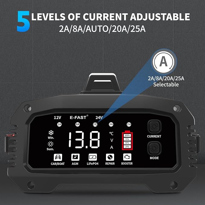 E-FAST 25A Battery Charger, 12/24V All in One Lifepo4 Lead Acid Car Battery - Image 3