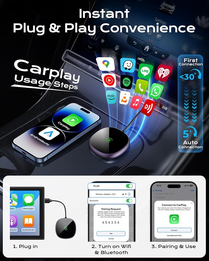 Wireless Carplay Adapter for iPhone & Android Auto 2-in-1, Plug & Play Low - Image 3