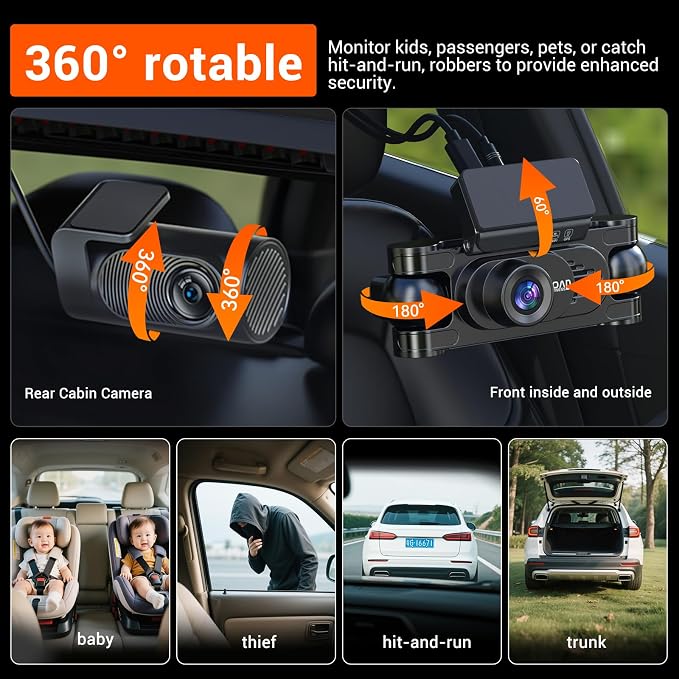 4K 360° DashCam for Cars, 4 Channel Car Dash Cam Front and Rear Inside - Image 8