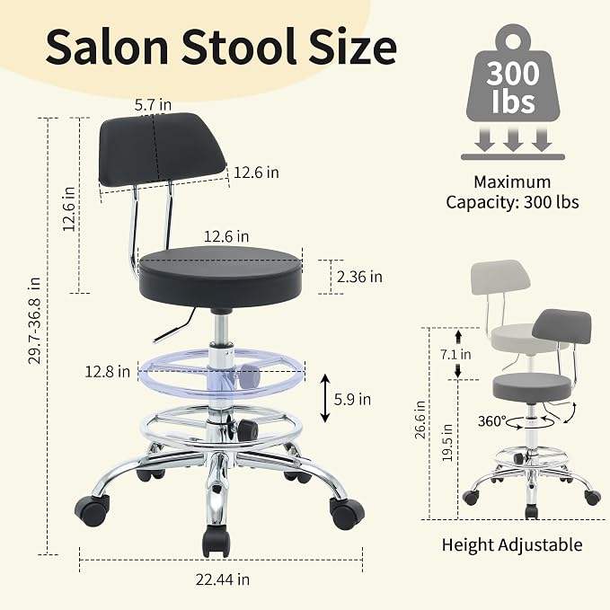 Rolling Stool with Back, Adjustable Height Foot Rest Rolling Salon Chair - Image 2