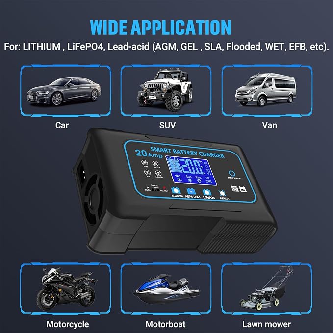20-AMP Car Battery Charger, 12V 20A and 24V 10A Smart Automotive Charger - Image 9