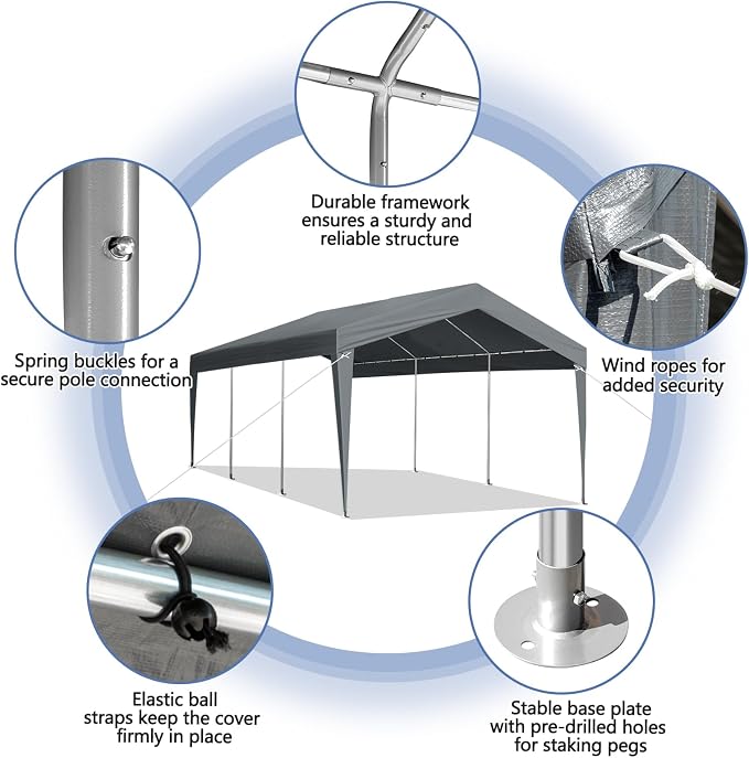 VINGLI 12x20 Carport Canopy Portable Garage, Car Canopy Heavy Duty Car Tent - Image 5