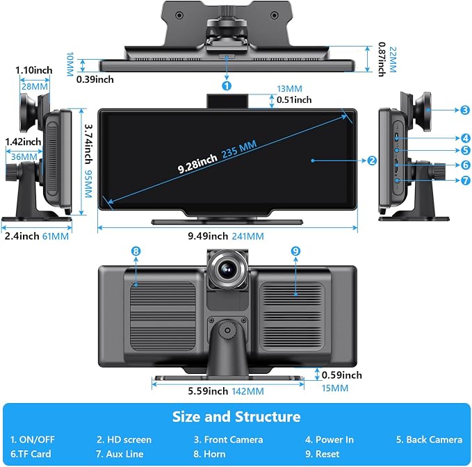 Portable Carplay Screen for Car, 9.28" HD Carplay and Android Auto Screen - Image 8