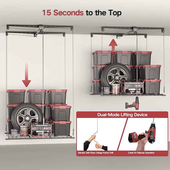Overhead Garage Storage Lift, Adjustable Heavy-duty 4x4 Ft Ceiling Racks - Image 6