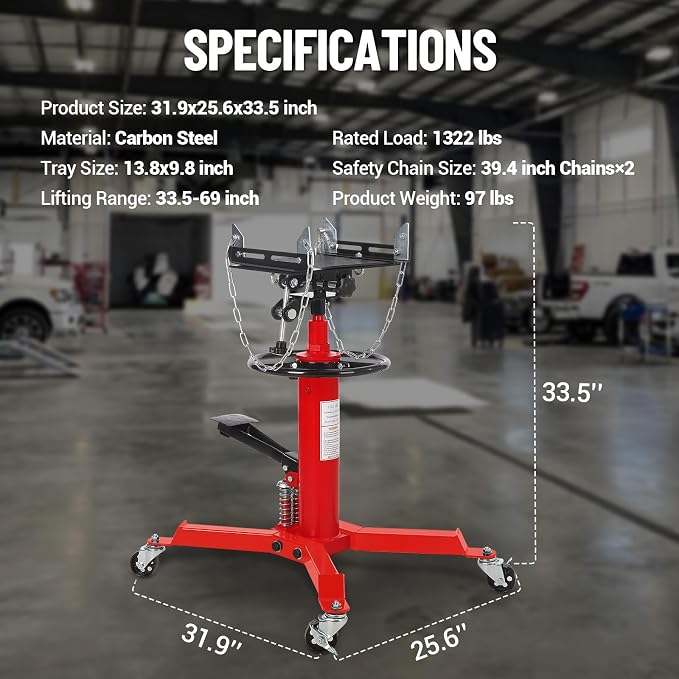 Dual Plunger Hydraulic Transmission Jack 1322lbs Capacity, 33.5"-69" High Lift - Image 7