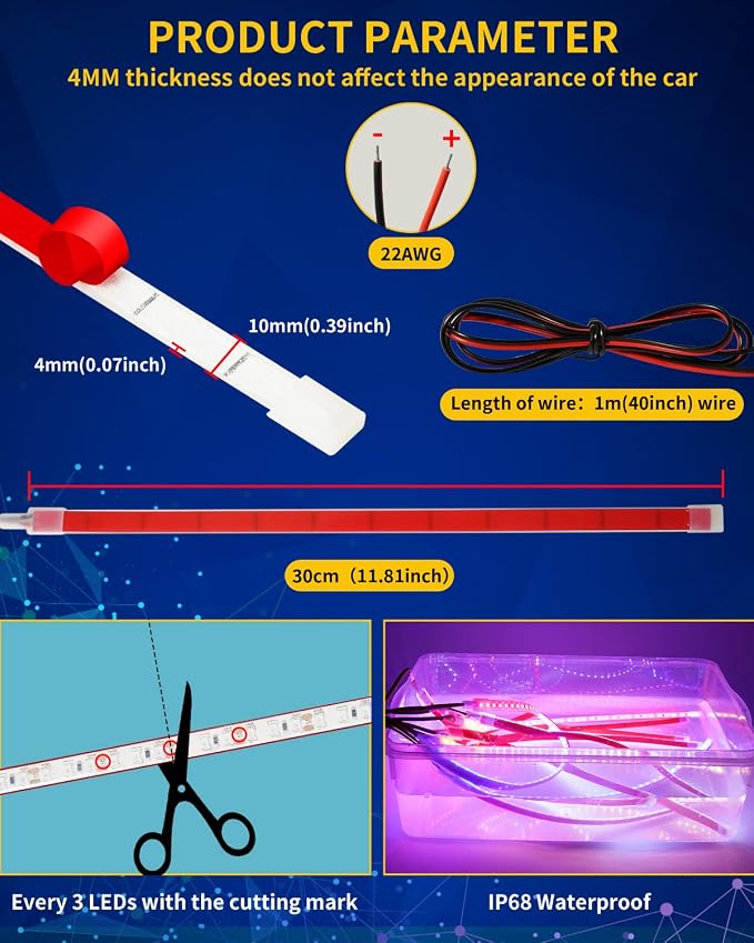 Blue Led Strip Light, IP68 Waterproof Car Exterior Light Strip, golf cart led - Image 2