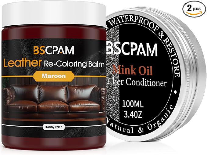 12oz Leather Recoloring Balm & 3.4oz Mink Oil Leather Conditioner kit, Maroon by BSCPAM