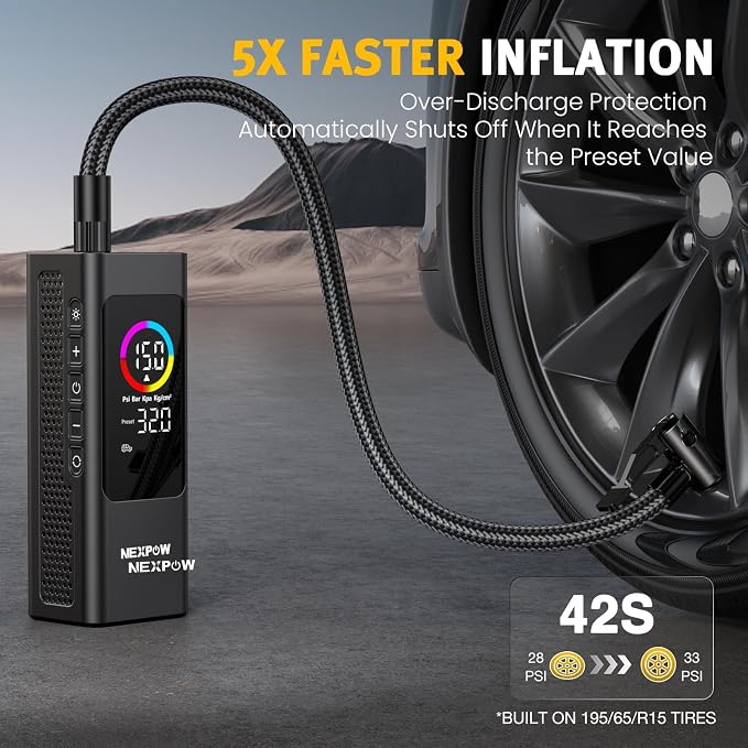 NEXPOW 150 PSI Tire Inflator Portable Air Compressor, 12000mAh Battery Auto - Image 2