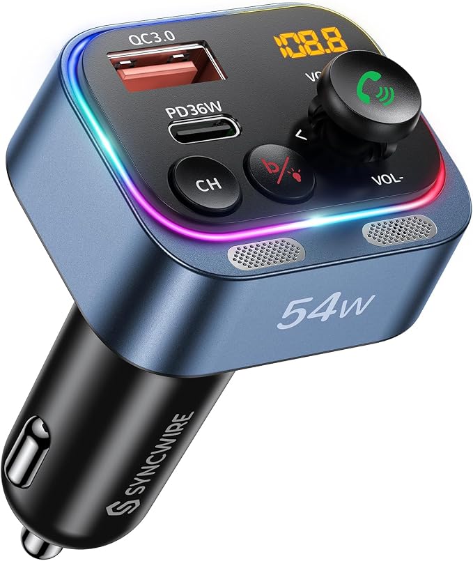 Syncwire Bluetooth 5.4 FM Transmitter Car Adapter 54W Wireless Radio Receiver by SYNCWIRE