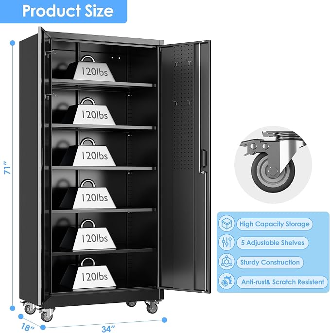 Garage Storage Cabinet with Wheels & Pegboard, Assembly Required - Image 3
