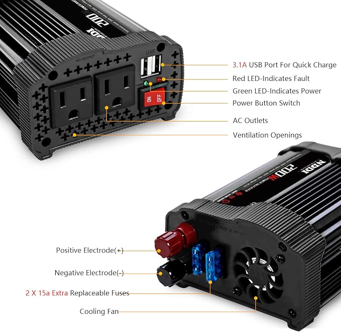 NDDI 200W Car Power Inverter 12V DC to 110V AC Converter - Image 3