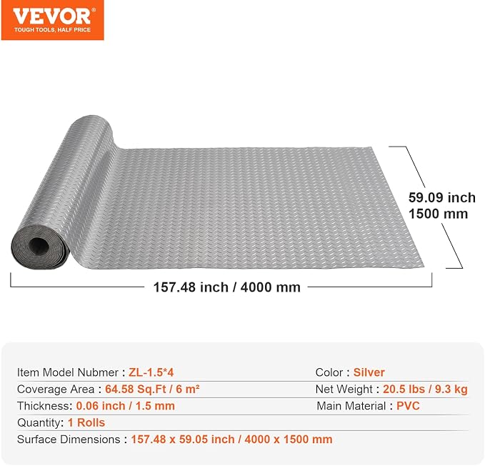 VEVOR Floor Mat, 13 x 4.9 FT PVC Flooring Roll, Non-Slip Diamond Texture - Image 7