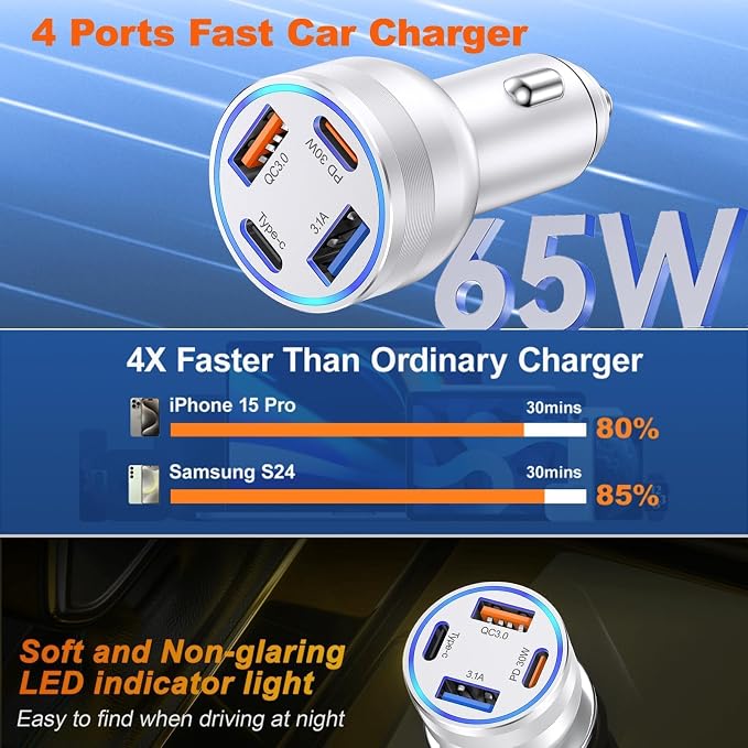 65W Car Phone Charger USB C, 5 Pack 4-Port Cigarette Lighter Adapter, 12V USB C - Image 5