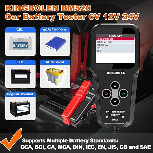 KINGBOLEN BM520 6V 12V 24V Car Battery Tester, 100-2000 CCA Automotive Load - Image 2
