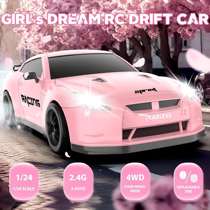 RC Drift Car, 1/24 Pink Remote Control Car - Image 2