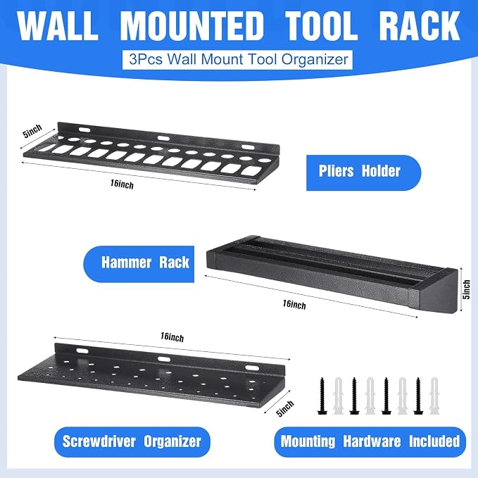 3 Pcs 16in Screwdriver Organizer Wall Mounted Metal Storage Set - Image 2