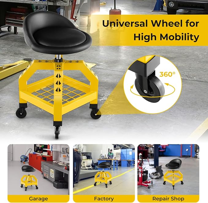 S AFSTAR Shop Stool with Wheels, Height Adjustable Garage Stool with 4 - Image 7