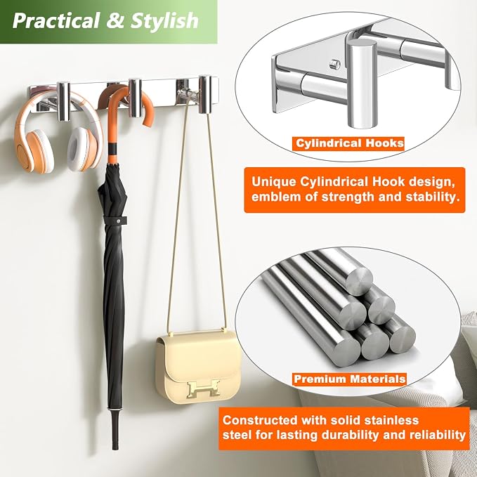 Wall Mounted Coat Rack-3 Hooks, Heavy Duty Stainless Steel Hook Rail - Image 3