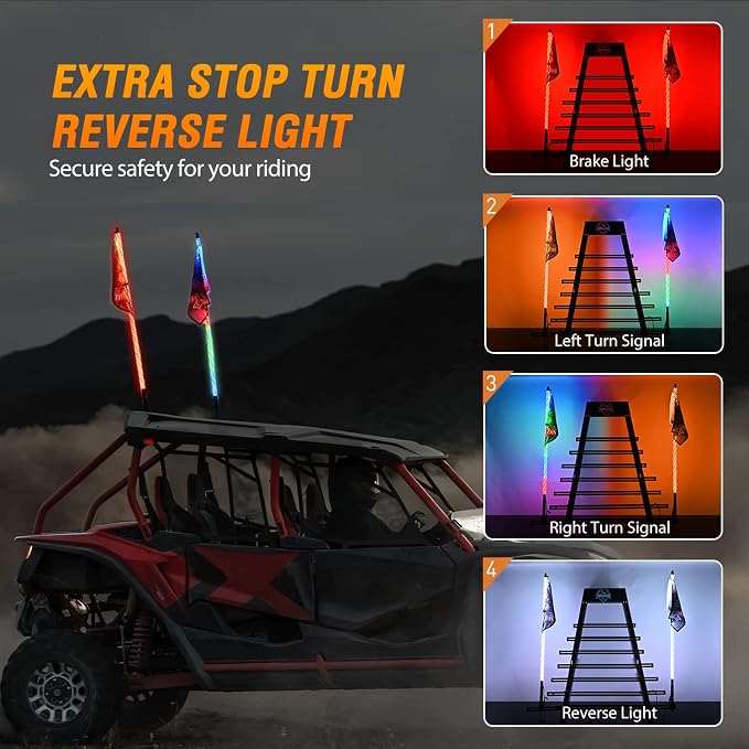 Nilight 2PCS 4FT RGB LED Whip Lights, Remote App Control w/DIY Chasing Patterns - Image 4