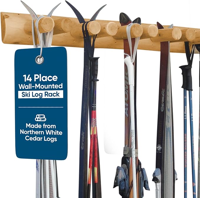 14-Place Log Ski Rack Wall Mount, Indoor Ski Storage Rack by LogKayakRack