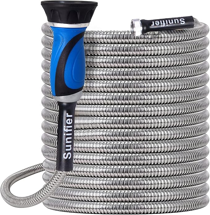 Metal Garden Hose 50 Ft With Hose Nozzle, Flexible Stainless Steel Garden Hose by Sunifier
