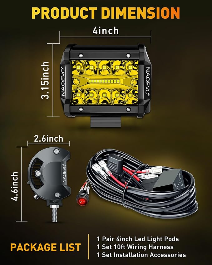 NAOEVO 4 Inch LED Pod Lights, Spot Flood Yellow LED Fog/Driving/Off Road Lights - Image 9