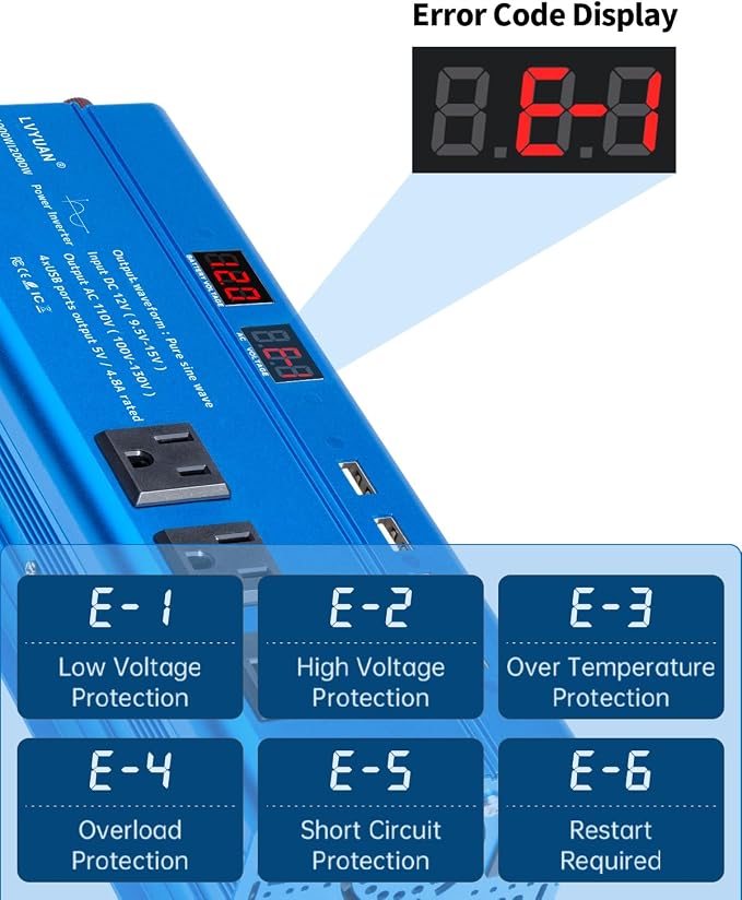 LVYUAN 1000 Watt Pure Sine Wave Inverter 12V to 110V 120V DC to AC - Image 7