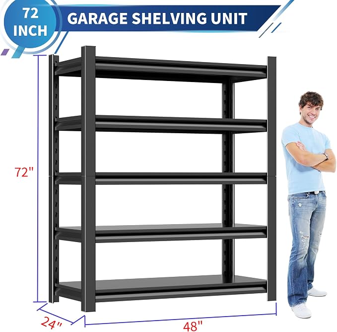 5-Tier Heavy Duty Metal Garage Shelving Unit, Industrial Style, Adjustable - Image 3