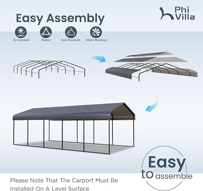 PHI VILLA Outdoor Carport Canopy 12' x 25', Metal Carport Tent Heavy Duty - Image 7