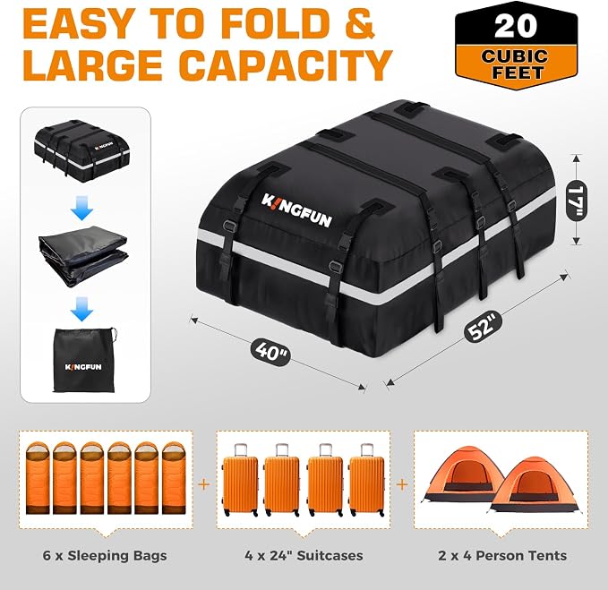 Kingfun Car Rooftop Cargo Carrier – Waterproof 20 Cubic Feet Car Roof Bag Fit - Image 4