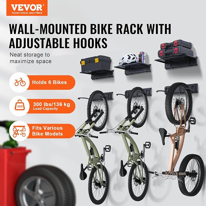 VEVOR Bike Storage Rack, 6 Bike Racks and 3 Helmets Hooks, Wall Mount Bike - Image 2