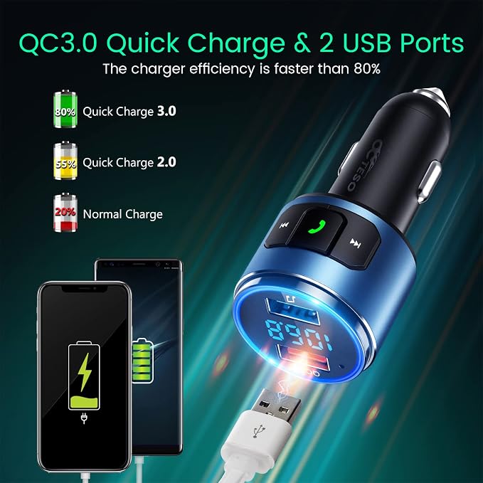 Upgraded FM Bluetooth Transmitter Car, QC3.0 Quick Charging & LED Backlit - Image 2