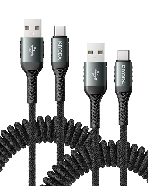 USB C Cable Coiled 6FT 2Pack, Braided USB A to Type C Charger Cable by KIYODA