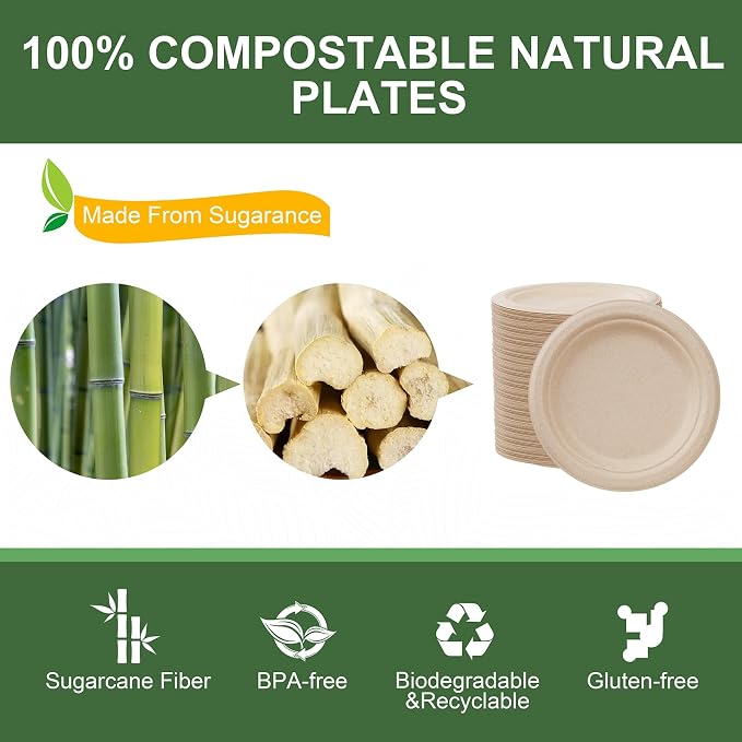 WELLIFE 100% Compostable Paper Plates 7 Inch, Biodegradable Bagasse, - Image 4