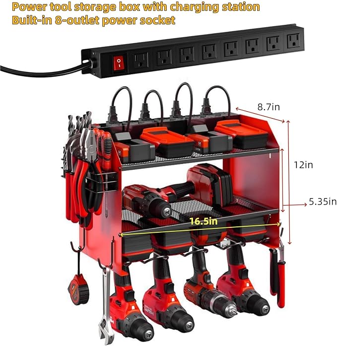 Power Tool Storage Rack, Garage Wall Mount Tool Rack, 4 Drill Bit Holders - Image 2