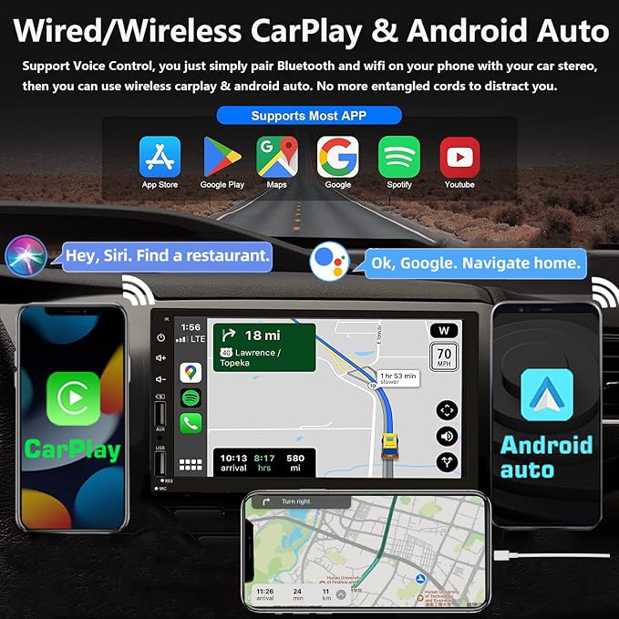 Double Din Car Stereo with Wireless Apple CarPlay & Android Auto, 7inch - Image 2