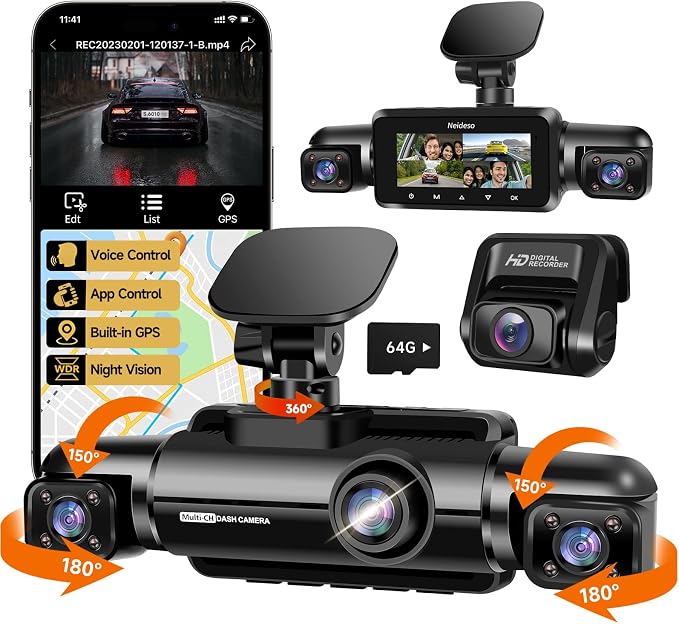 360° Dash Cam Front and Rear Inside, 4 Channel FHD 4 * 1080P, Wi-Fi GPS Voice by NeidesoDashCam
