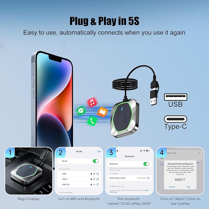 Wireless CarPlay Adapter for iPhone, Convert Wired to Apple CarPlay Wireless - Image 8