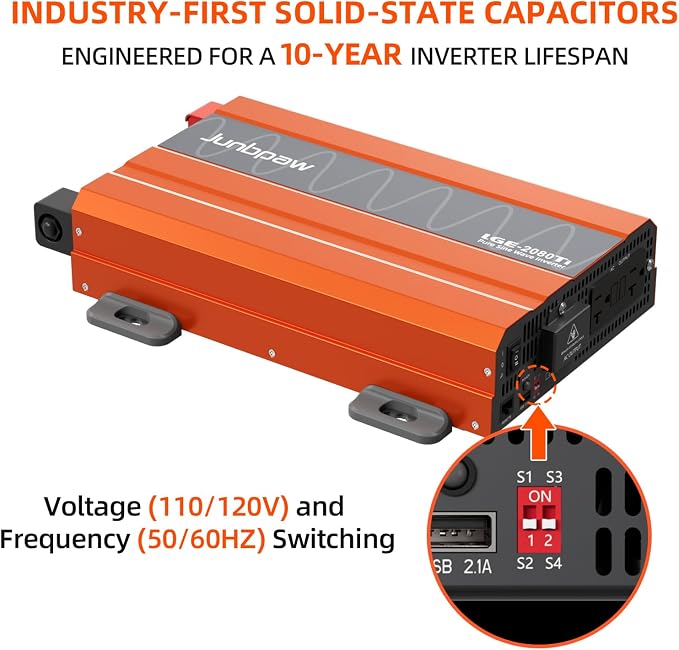 2080W Pure Sine Wave Inverter, 12V DC to 110V/120V AC, 6000W Peak, 5V/2.1A USB - Image 2