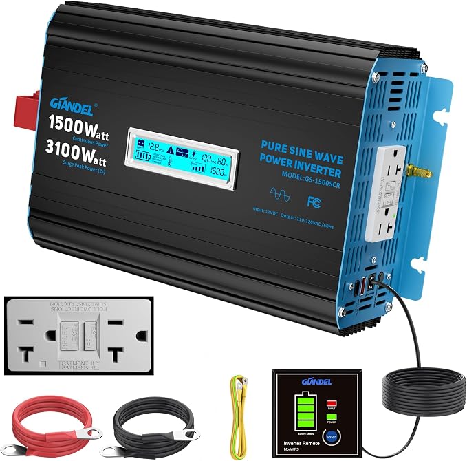 GIANDEL 1500 Watt Pure Sine Wave Power Inverter 12V DC to 120V AC, 3100W Surge by GIANDEL
