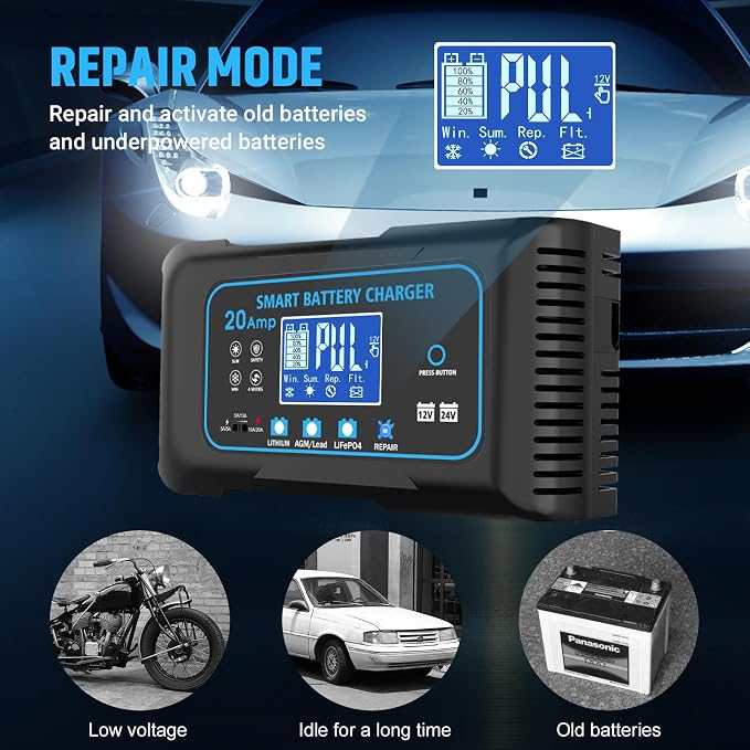 20-AMP Car Battery Charger, 12V 20A and 24V 10A Smart Automotive Charger - Image 6