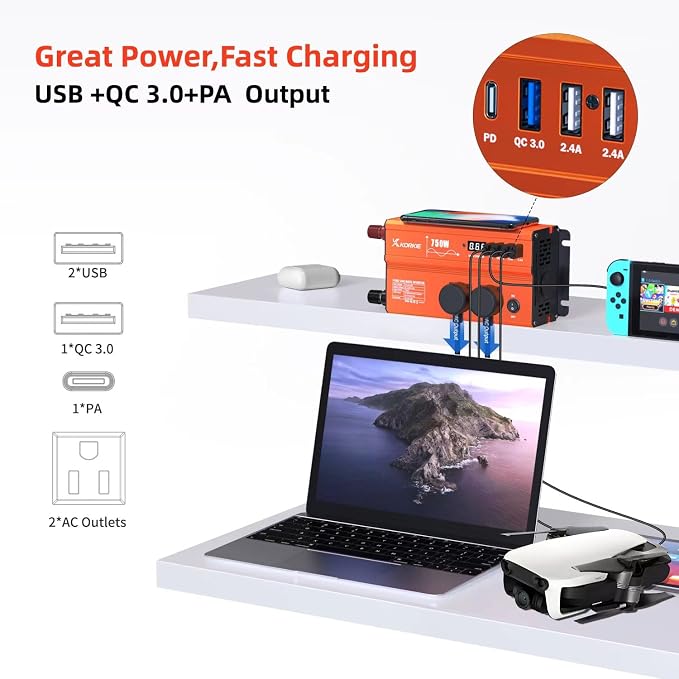750W Pure Sine Wave Inverter, Car Power Inverter, 12V DC to 110V AC Power - Image 3