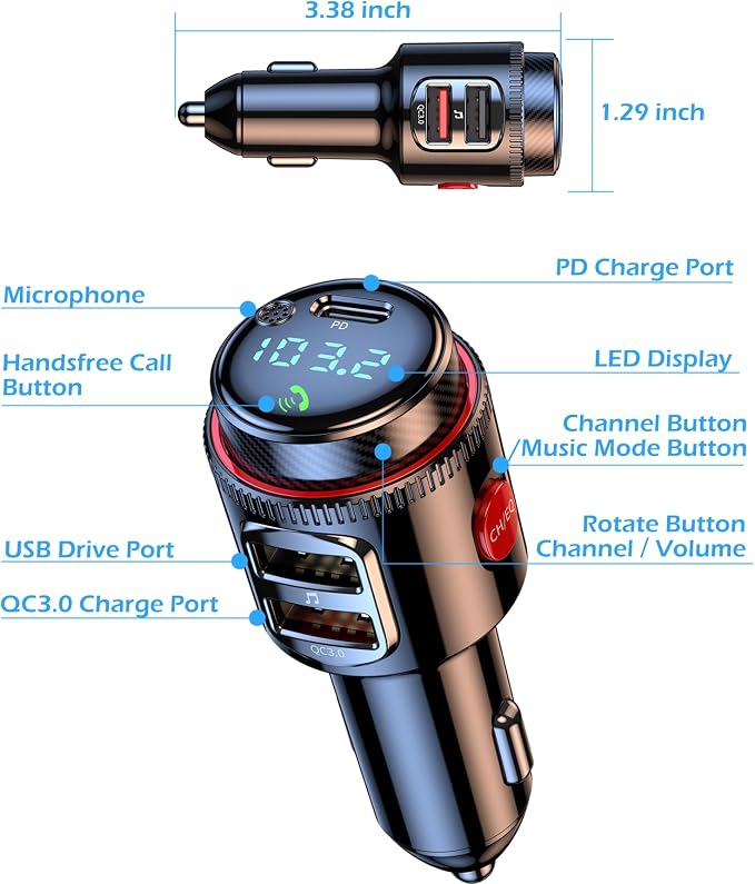 Bluetooth Car Adapter, Wireless AUX FM Transmitter, USB C&QC3.0 Dual Fast - Image 8