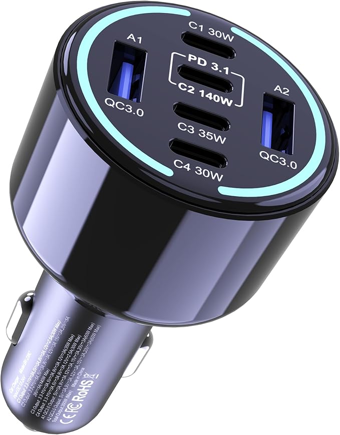CHIPOFY 300W USB C Car Charger, 6 Ports by GaNPDchargerUSBCcarcharger