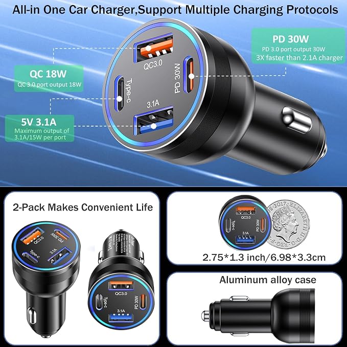 Car Charger USB C, Dual USB-C & USB-A Car Phone Charger Adapter Accessories - Image 5