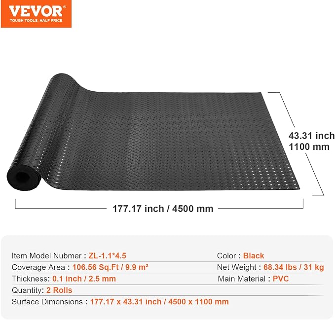 VEVOR Floor Mats, 2 Rolls x 14.7 x 3.6 Ft PVC Flooring Roll, Non-Slip Diamond - Image 7