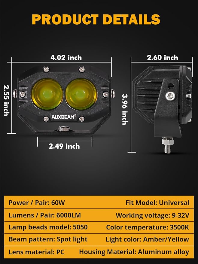 Auxbeam 4 Inch Amber Fog Light, 60W Square Pod - Image 7