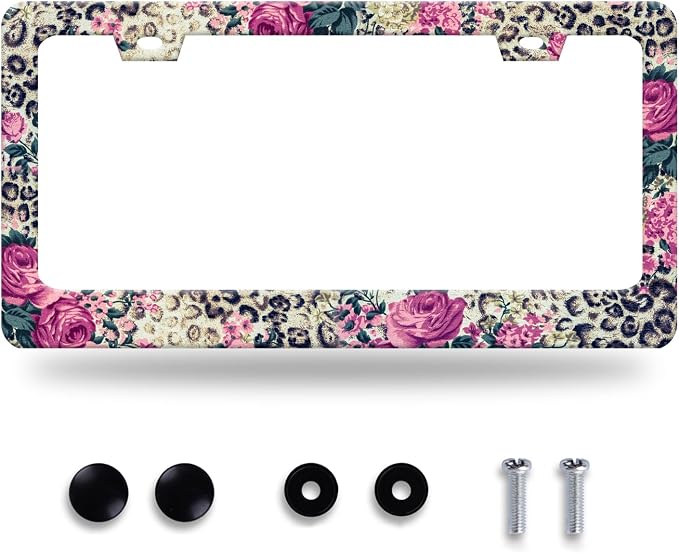Rose Leopard Print License Plate Frame Vintage Floral License Plate Stainless by GORSNKYE